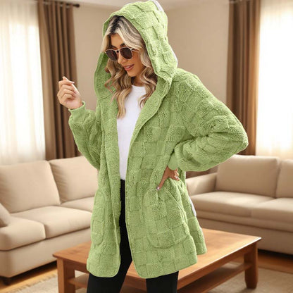 🌸 50% OFF NOW!Hooded Fluffy Fleece Cardigan, Textured Check Pattern Open Front Coat with Pockets