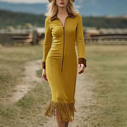 🔥 HOT SALE – 50% OFF! 💖Women's Long Sleeve Tassel Hem Midi Dress
