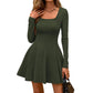 🍂 Women’s Long-Sleeve Square-Neck Mini Dress – Feminine Elegance & Effortless Autumn Style
