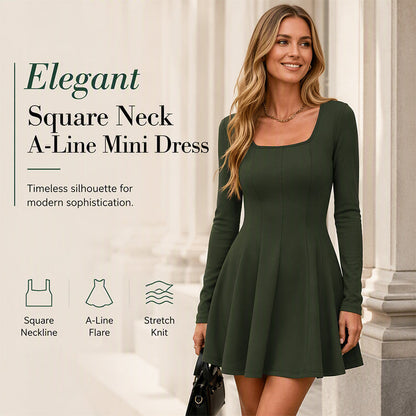 🍂 Women’s Long-Sleeve Square-Neck Mini Dress – Feminine Elegance & Effortless Autumn Style