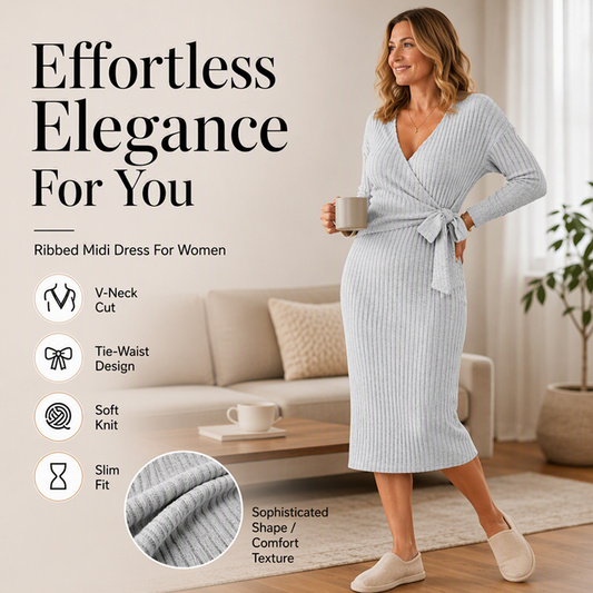 🧶 Women's Elegant V-Neck Ribbed Knit Tie-Wrap Dress – Flattering Elegance & Cosy Autumn Style