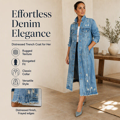 🍂 Women's Distressed Ripped Long Denim Jacket – Vintage Edge & Effortless Autumn Style