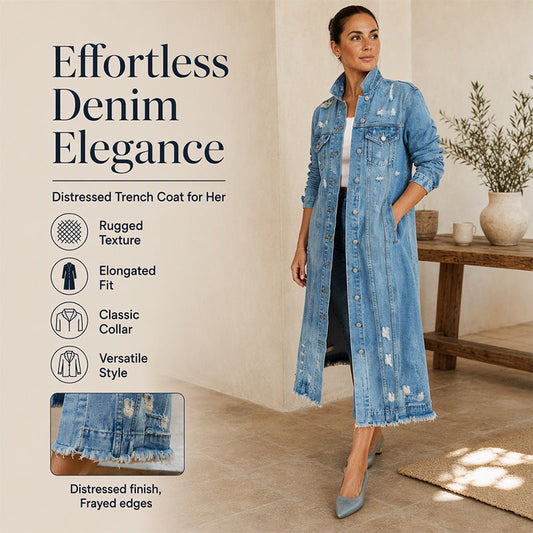 🍂 Women's Distressed Ripped Long Denim Jacket – Vintage Edge & Effortless Autumn Style