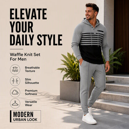 🧶 Men's Sporty Color-Block Waffle Knit 2-Piece Set – Sporty Comfort & Effortless Autumn Style