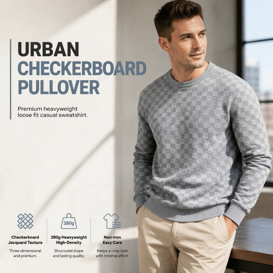 🍂 Men’s Checkerboard Print Crewneck Sweatshirt – Bold Casual Style & Everyday Autumn Comfort