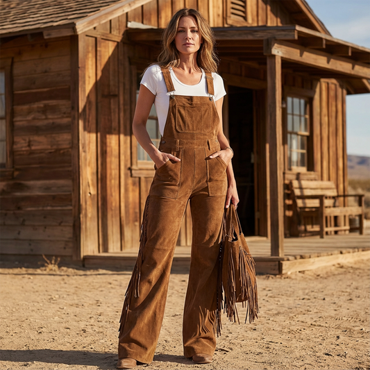 🤎✨ Retro Western Suede Fringe Overalls – Boho, Flattering & Effortlessly Cool