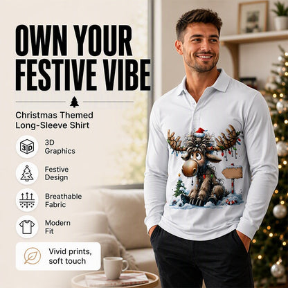 🍂🦌Men's Moose Print Long Sleeve Collared Top – Casual, Comfortable & Effortlessly Stylish