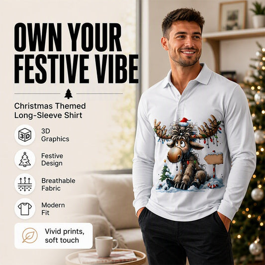 🍂🦌Men's Moose Print Long Sleeve Collared Top – Casual, Comfortable & Effortlessly Stylish