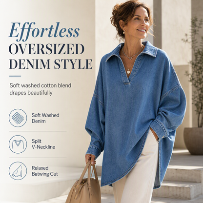 💙 Women's Casual Loose Denim V-Neck Pullover Shirt with Batwing Sleeves and Asymmetrical Hem