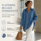 💙 Women's Casual Loose Denim V-Neck Pullover Shirt with Batwing Sleeves and Asymmetrical Hem
