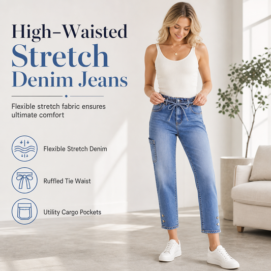 👖 Women's High Waisted Stretch Denim Jeans with Cargo Pockets and Button Cuffs