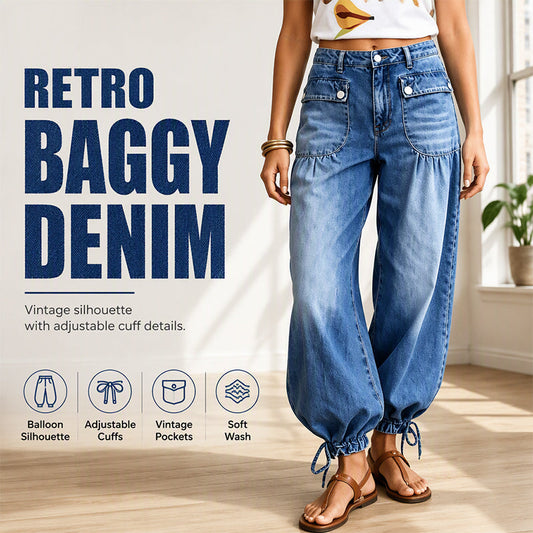 👖 Women's High-Waisted Balloon Jeans with Drawstring Cuffs