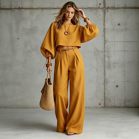 🌸 Women's Casual Crop Top and Wide-Leg Pants Set