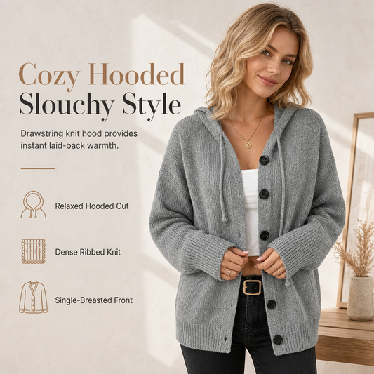 👚✨Women's Solid Color Hooded Drawstring Knitted Cardigan