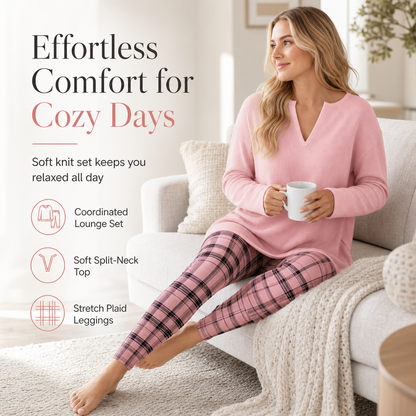 🧶✨Women's Knit Top and Plaid Leggings Set