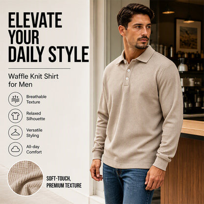 🧶 👔 Men's Waffle Knit Long Sleeve Collared Top