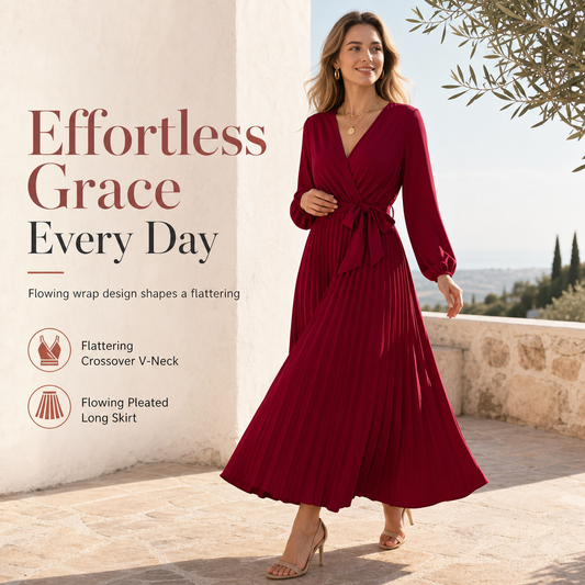 👗✨Women's Elegant Crossover V Neck Pleated Maxi Dress✨