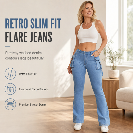 👖 Retro Utility Denim | Women's High-Stretch Cargo Flare Jeans with Flap Pockets