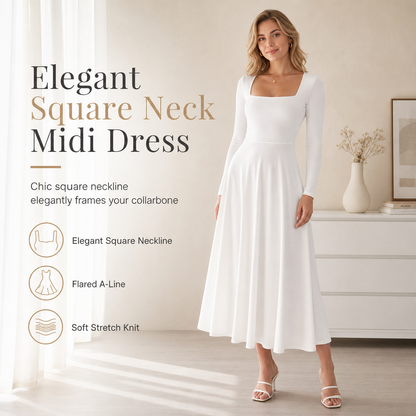 🎀✨ Women's Long Sleeve Square Neck A-Line Dress