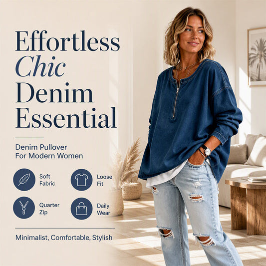 💙 ✨Women's Long Sleeve Half-Zip Denim Pullover