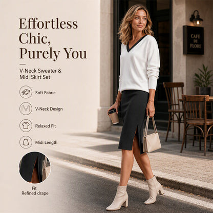 ☁️✨ Women's Long Sleeve V-Neck Top & Ribbed Skirt Set