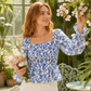 Women's Casual Square Neck Flare Sleeve Floral Print Chiffon Blouse Holiday Top