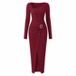 Women's Autumn Winter Solid Color Knit Texture Long Dress with Irregular Neckline