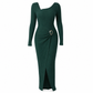 Women's Autumn Winter Solid Color Knit Texture Long Dress with Irregular Neckline