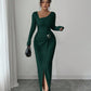 Women's Autumn Winter Solid Color Knit Texture Long Dress with Irregular Neckline