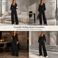 ✨ Women's Two Piece Outfit Fall Winter Deep V Neck Lantern Sleeve Pleated Top and Wide Leg Pants with Pockets